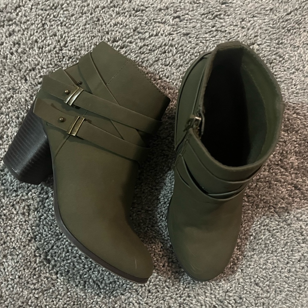 Olive green booties, lightly worn.